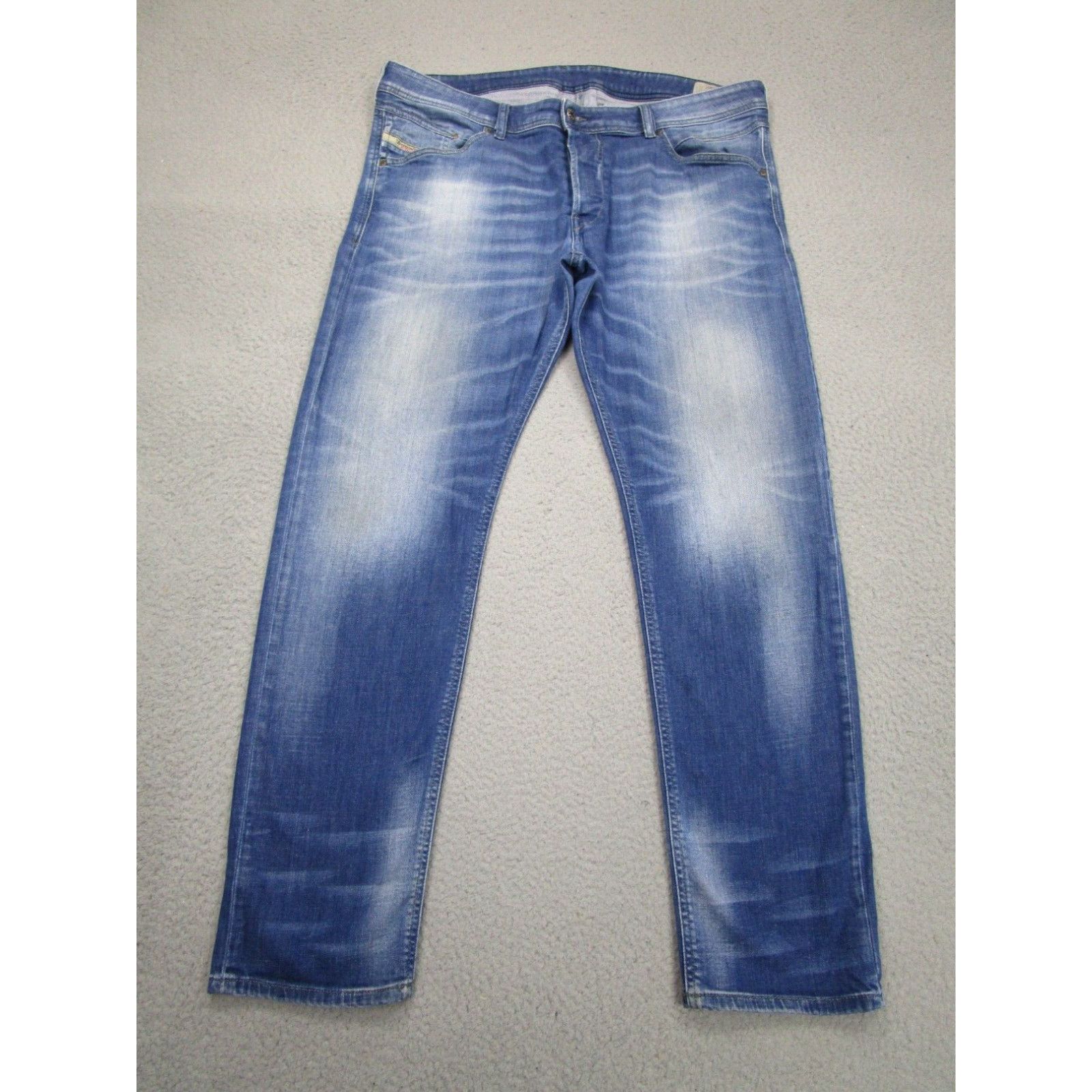 image of Diesel Jeans Mens 38X32 Blue Belther Slim Tapered Denim Pants Distressed Wash in White