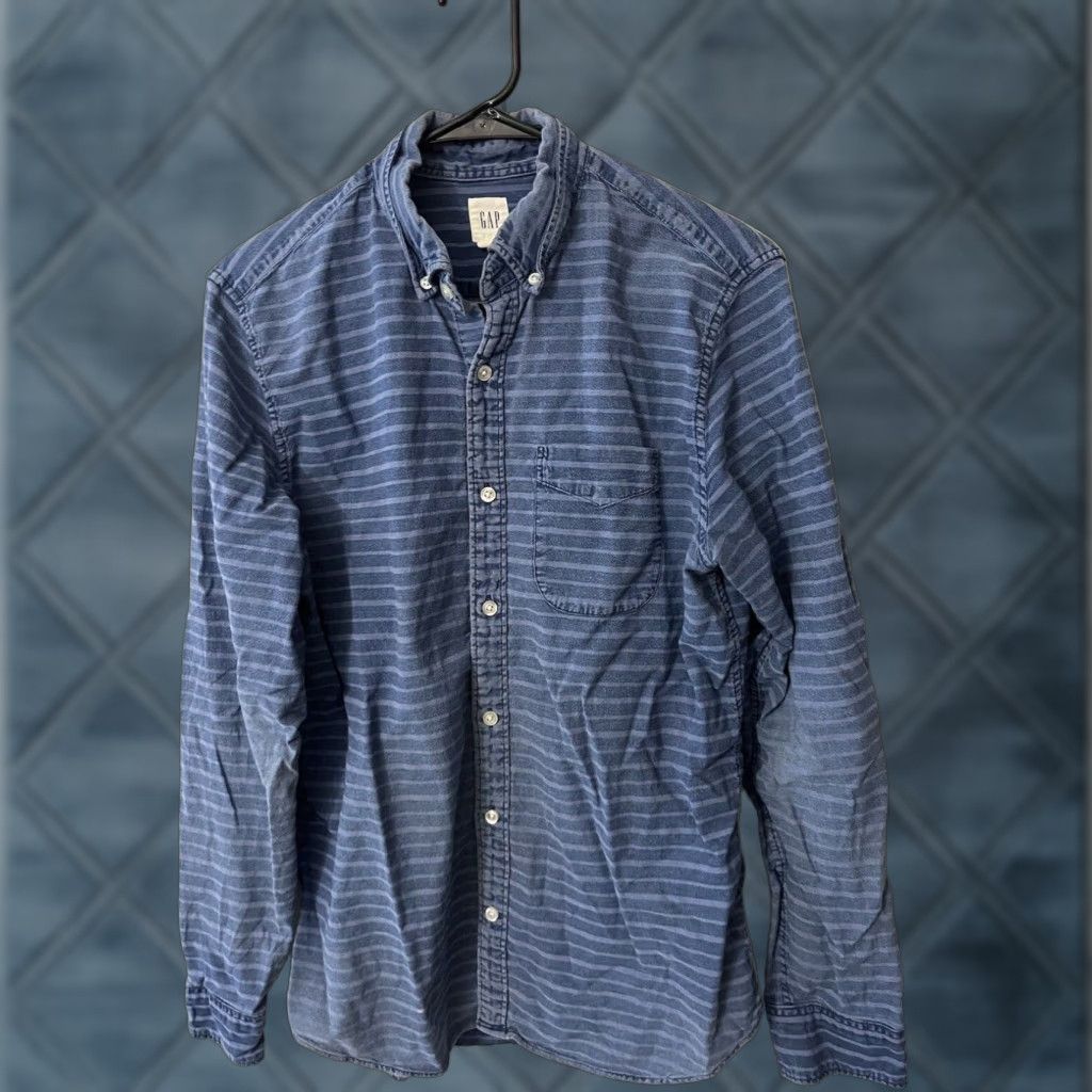 Gap Gap Button-Down Long Sleeve Shirt Blue Striped Medium Mens Cotton Blend Size US M / EU 48-50 / 2 - 1 Thumbnail