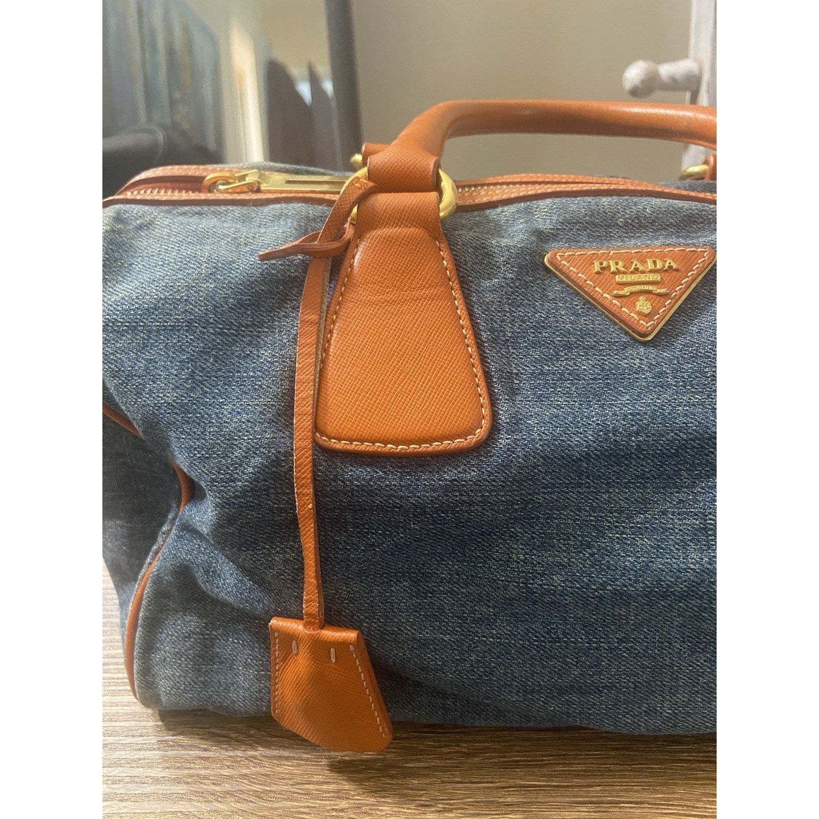 Prada Prada Bauletto blue denim orange saffiano 2way handbag, good Size ONE SIZE - 4 Thumbnail