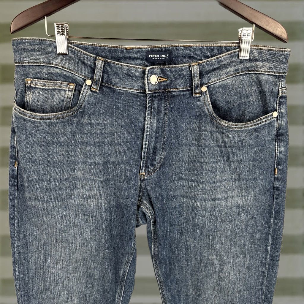 Peter Millar Peter Millar Crown Crafted Denim Jeans Mens 35x32 True Blue Wash Regular Fit 5-Pocket Stretch Cotton Blend Denim Shirt? Size US 35 - 1 Thumbnail