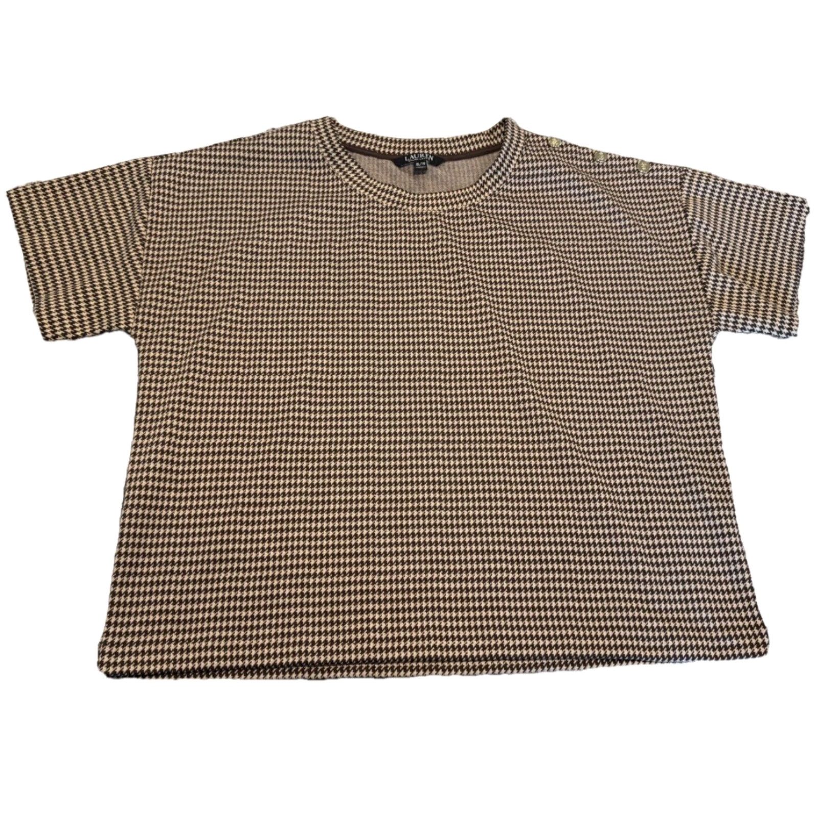 Ralph Lauren Lauren Ralph Lauren Black Label Top Houndstooth Brown Black Logo Buttons Sz XL Women, Basic Knit, Short Sleeve, Machine Washable Size XL / US 12-14 / IT 48-50 - 2 Thumbnail