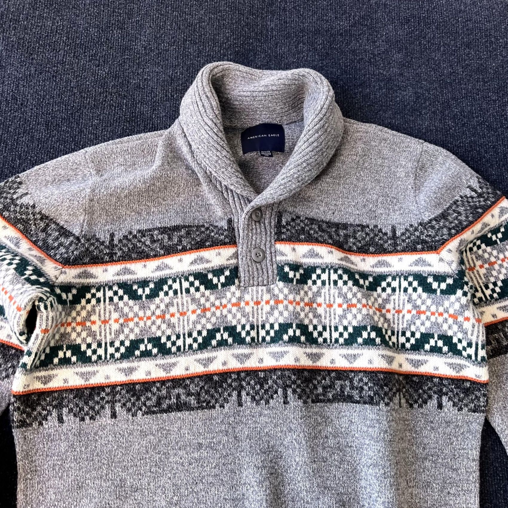 American Eagle Outfitters VINTAGE American Eagle Sweater Mens XL Gray Shawl Collar Fair Isle Nordic Pullover Knit Size US XL / EU 56 / 4 - 2 Thumbnail