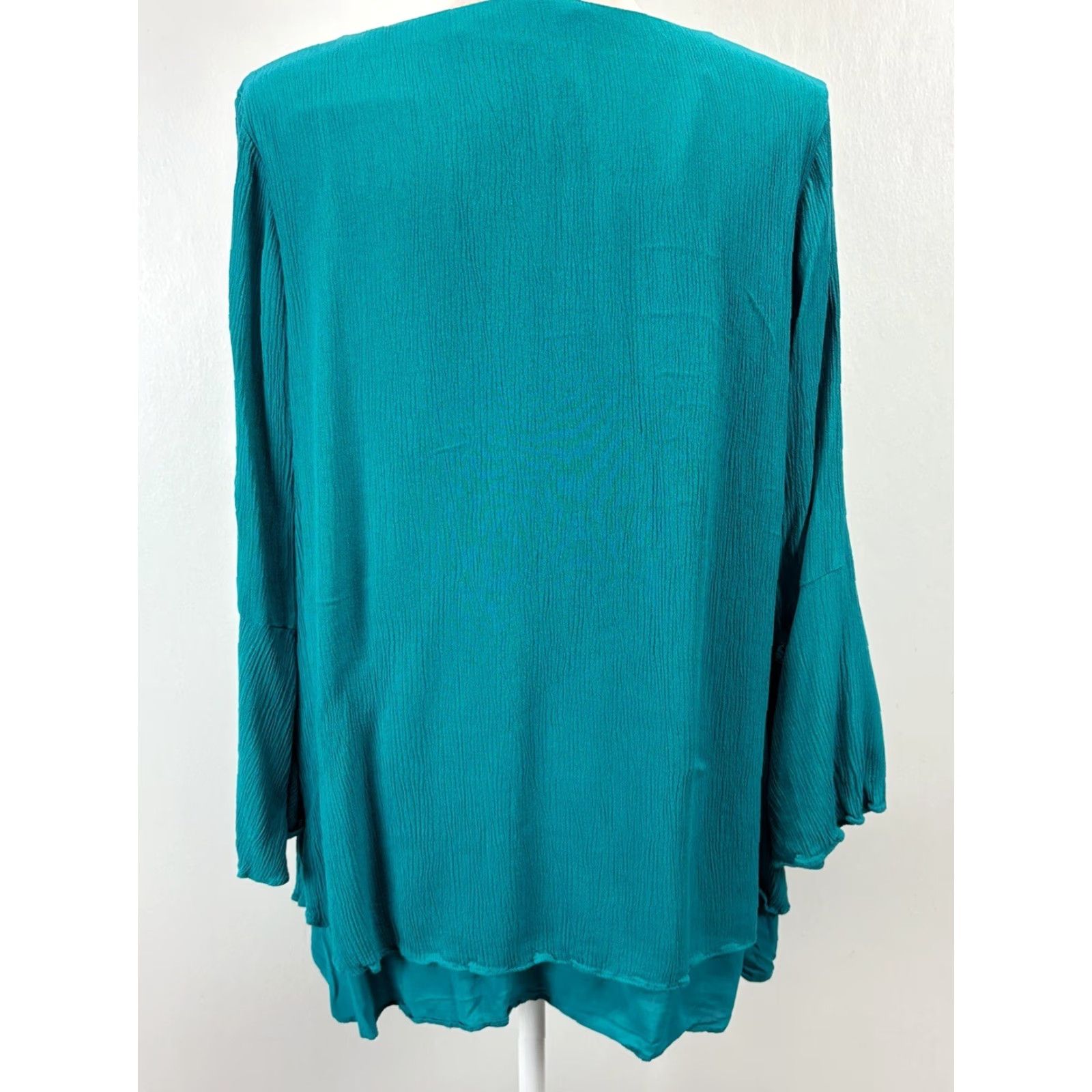 Soft Surroundings Soft Surroundings M Teal Green Blouse Layered Bell Sleeve Crepe Stretch Top Size XL / US 12-14 / IT 48-50 - 3 Thumbnail
