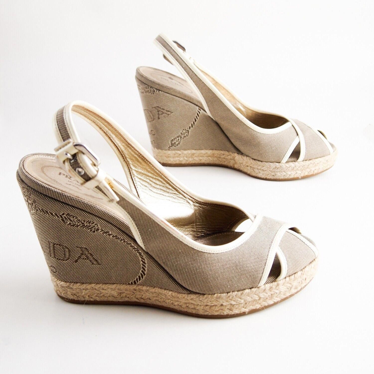 Prada Prada Wedge Sandals Brown Canvas Leather US 10.5 EU 40.5 Size US 10.5 / IT 40.5 - 4 Thumbnail
