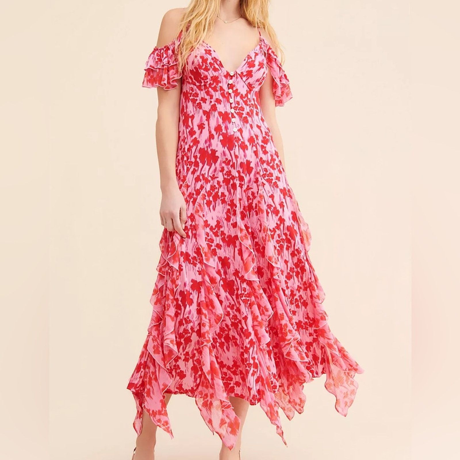 Free People Free People Endless Cascades Maxi Dress Pink & Red Floral Size L / US 10 / IT 46 - 1 Thumbnail