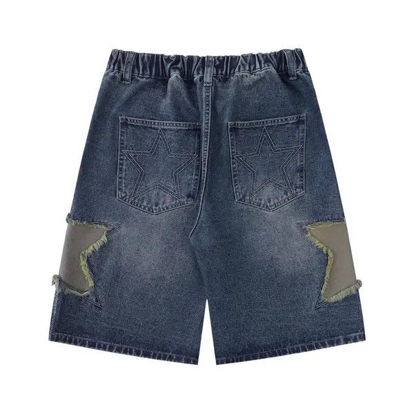 VIBE Men's street loose straight star embroidered denim shorts Size US 32 / EU 48 - 6 Thumbnail