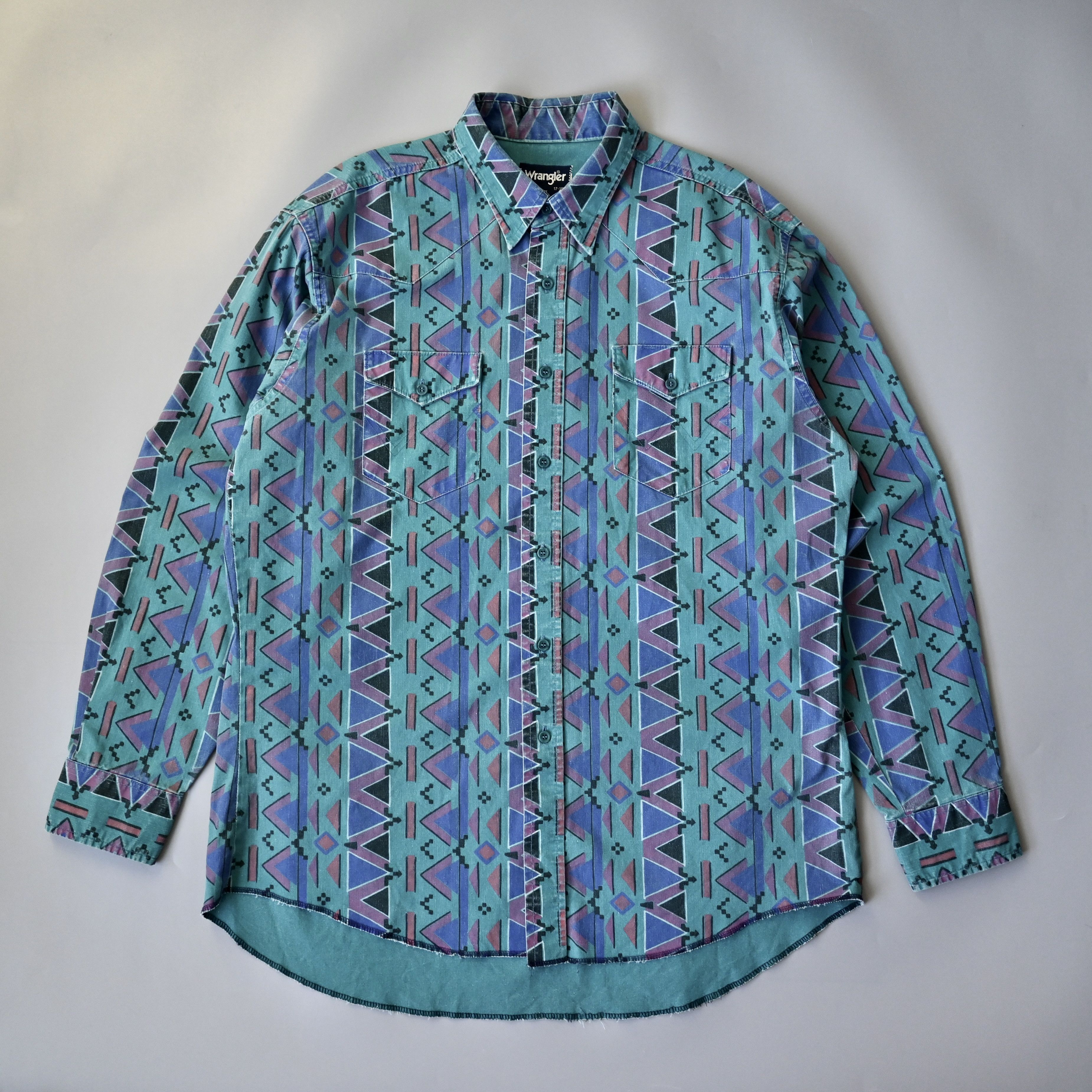 Vintage VTG 90s Wrangler Brushpopper shirt Aztec Navajo teal 17.5-35 Size US XL / EU 56 / 4 - 1 Thumbnail
