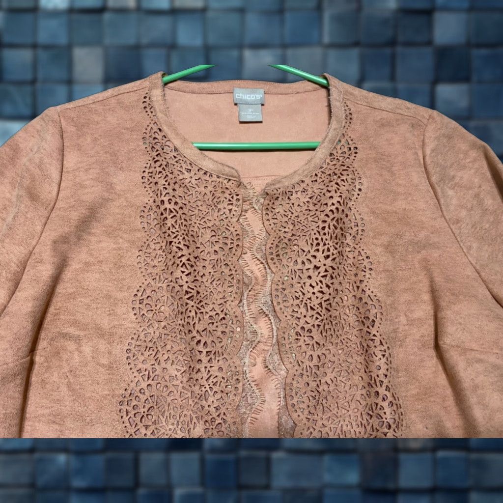 Vintage Chico’s Womens 10P Petite Jacket Pink Perforated Faux Suede Open Front Jacket Womens Petite 10P Pink Faux Leather Size L / US 10 / IT 46 - 1 Thumbnail