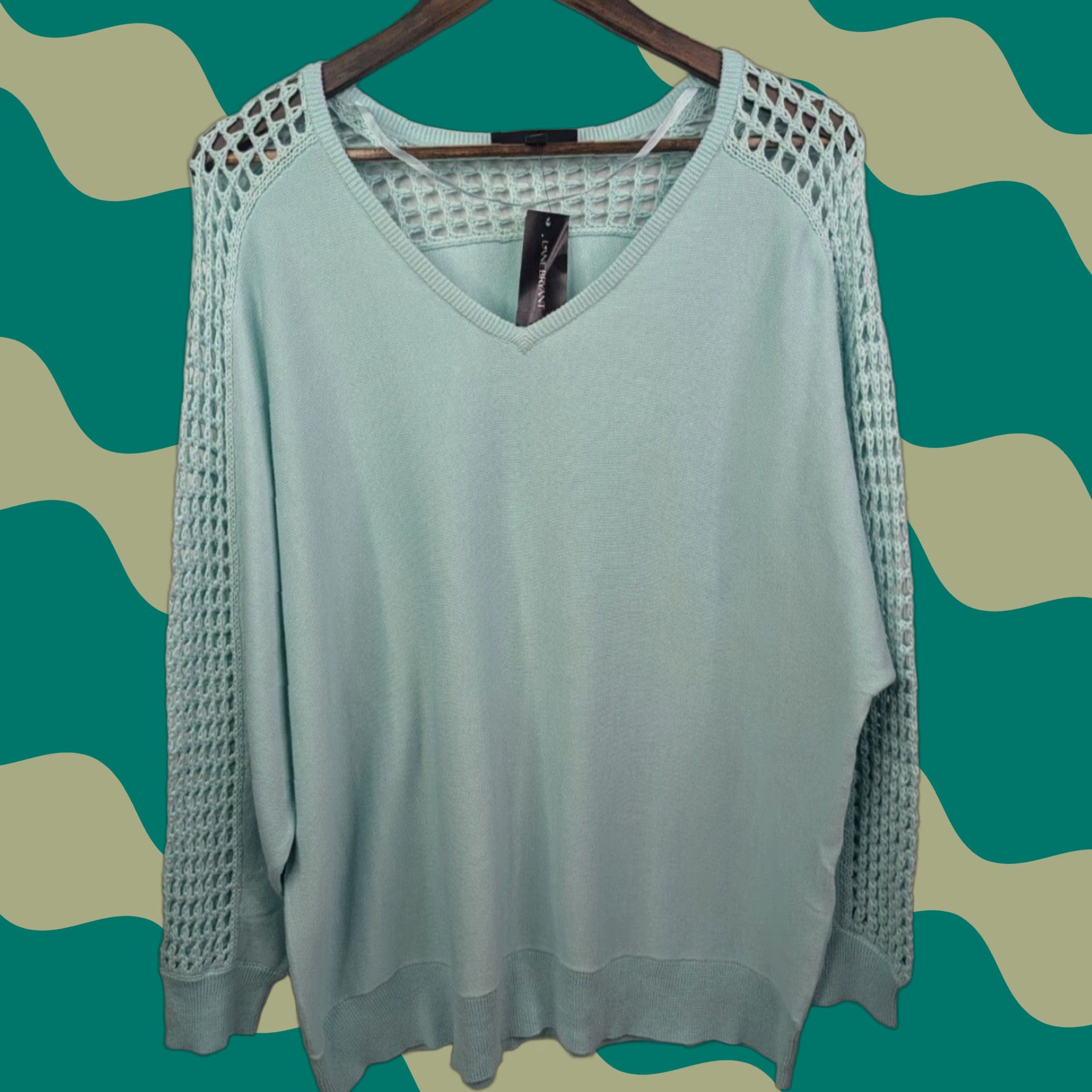 Vintage VINTAGE Lane Bryant Mint Green Sweater Open Weave Crochet Lattice Sleeves V-Neck 18/20 Size XXL / US 16-18 / IT 52-54 - 1 Thumbnail