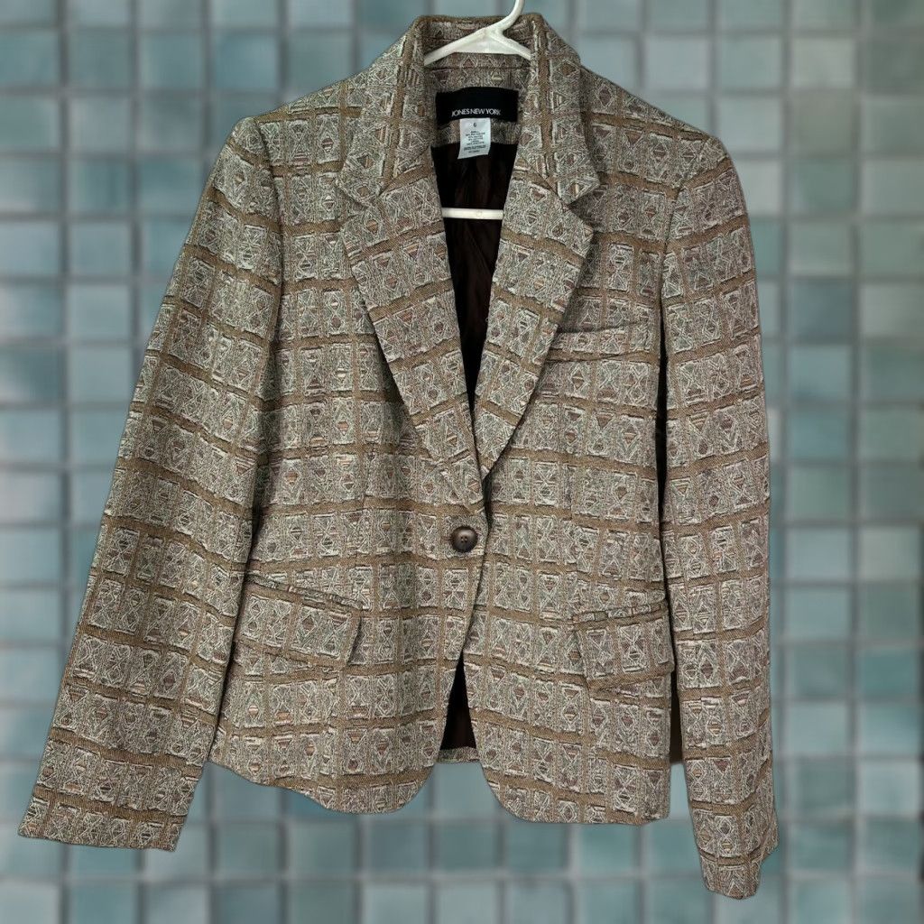 Jones New York Jones New York Womens Blazer Jacket Multicolor Plaid Sz 6 Long Sleeve Notch Collar Single-Breasted Professional Casual Classic Suit Jacket Mujeres? Size M / US 6-8 / IT 42-44 - 1 Thumbnail