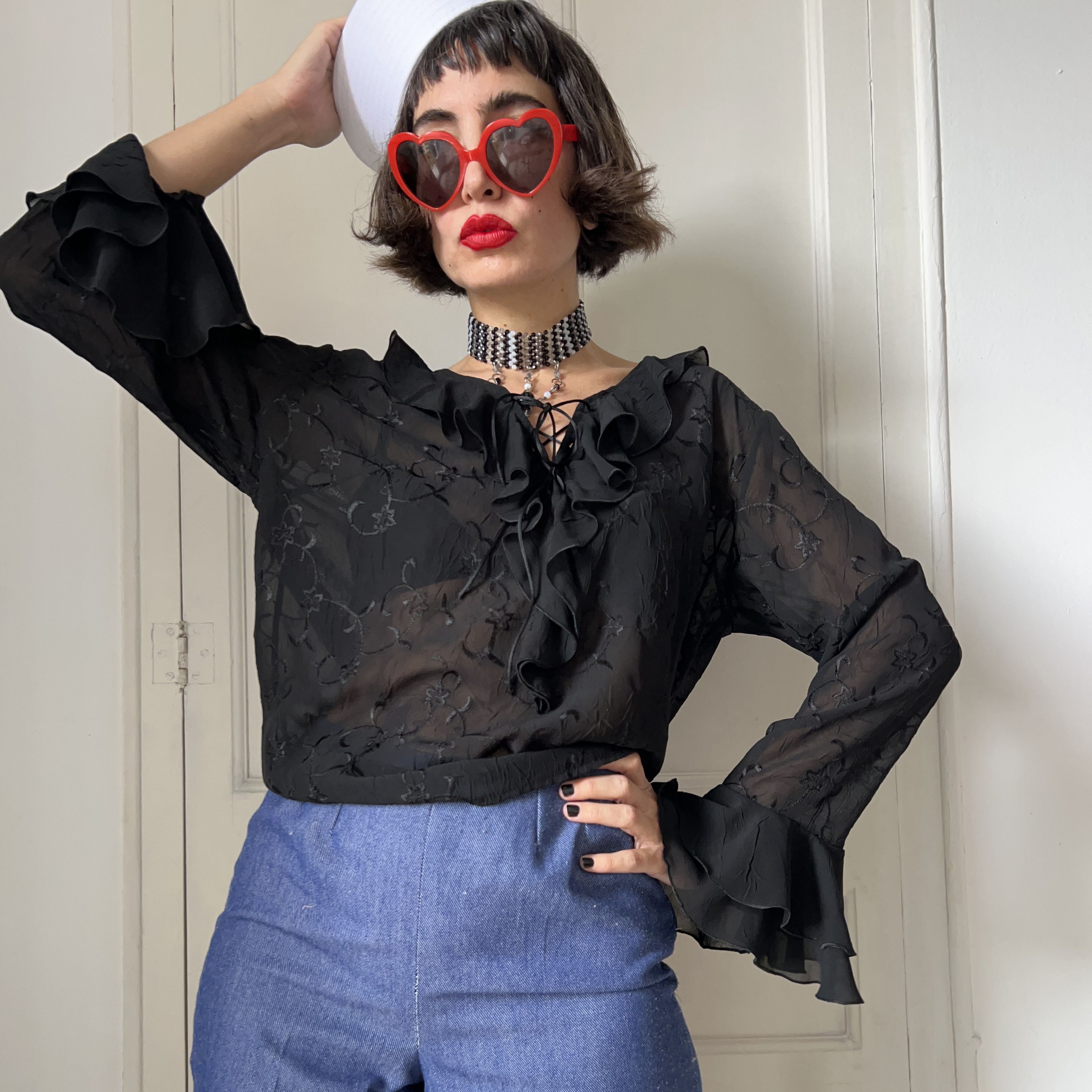 Vintage Vintage 90s Black Sheer Ruffle Poet Blouse Size XL / US 12-14 / IT 48-50 - 6 Thumbnail
