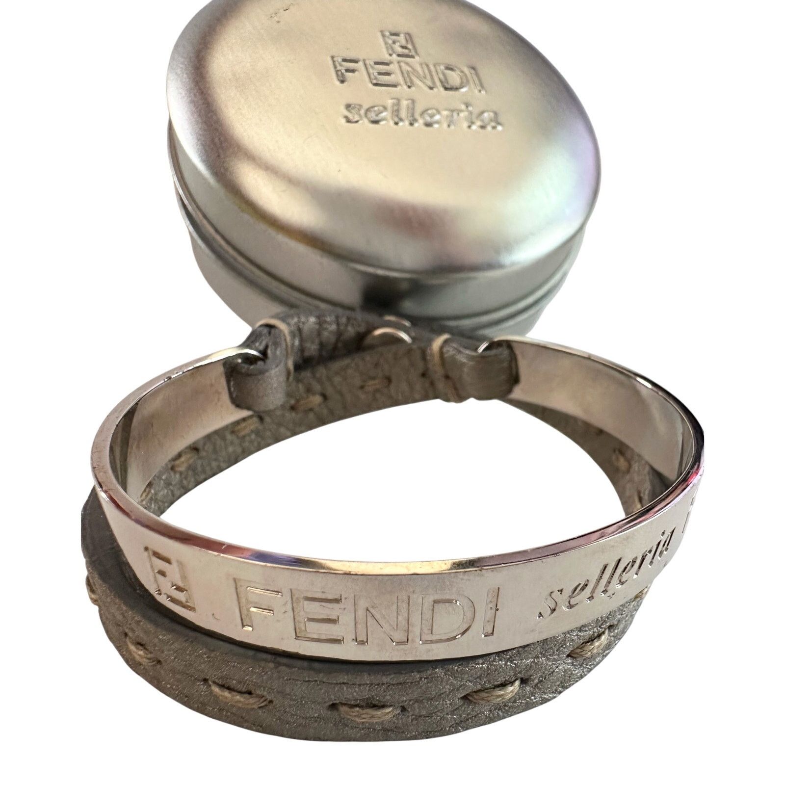 Fendi Fendi Selleria Metallic Cuff w Leather Double Wrap Bracelet Size ONE SIZE - 8 Thumbnail