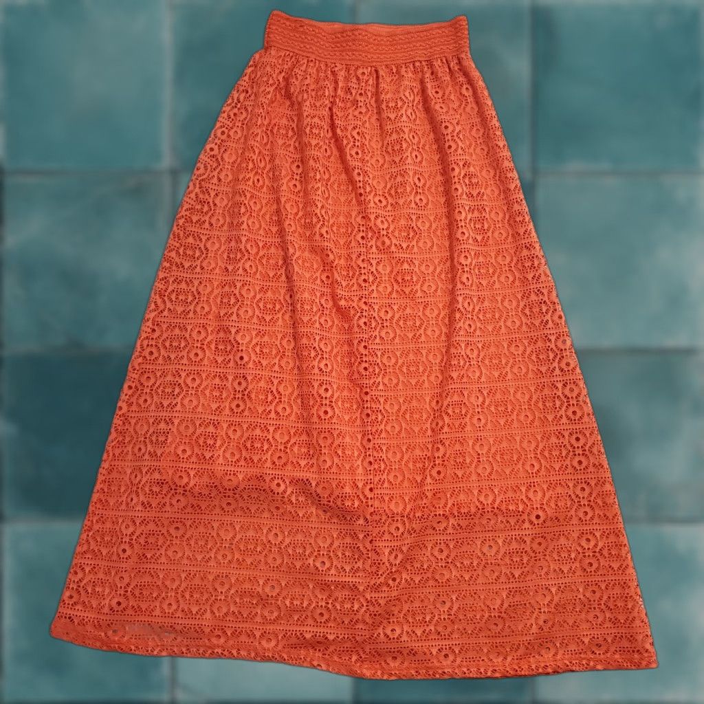 Vintage VINTAGE Me 2 Magic Maxi Skirt Women M Orange Eyelet Lace Overlay Elastic Waist Boho Size 32" / US 10 / IT 46 - 1 Thumbnail
