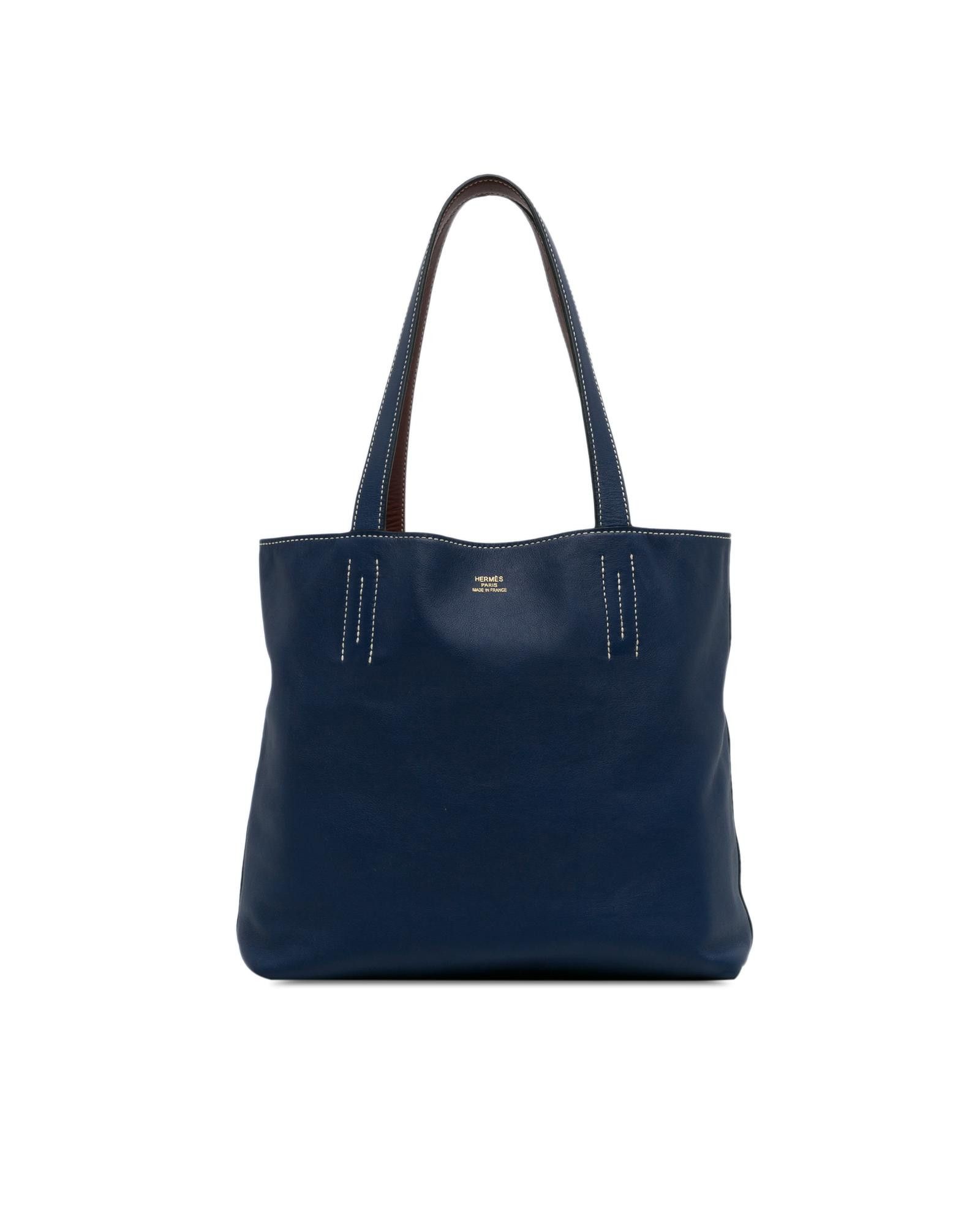 image of Hermes Reversible Leather Tote Bag With Flat Straps in Blue, Women's