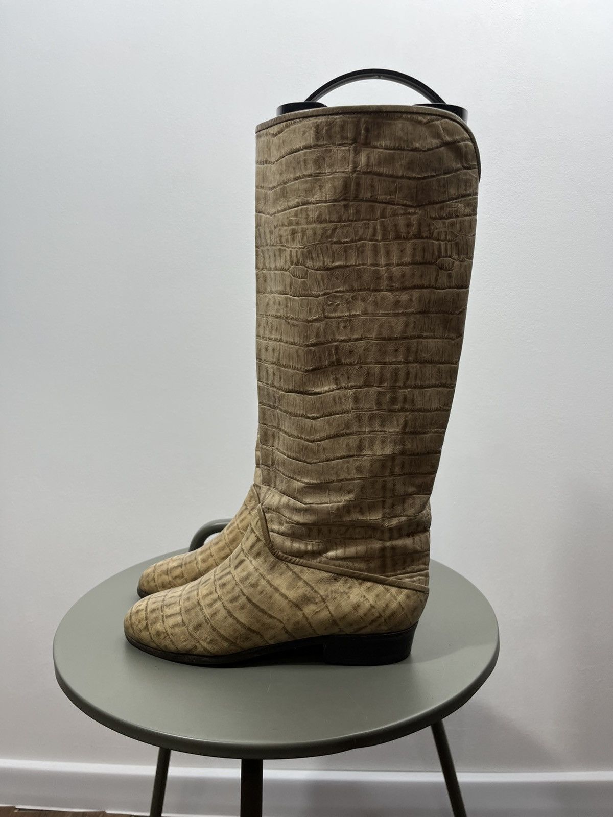 Other Vintage Croc-Embossed Leather Tall Boots Beige Size 37.5 Size US 7 / IT 37 - 10 Thumbnail