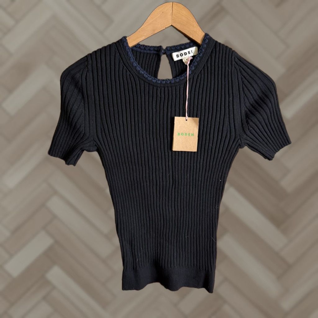 Boden Boden Blue Ribbed Short Sleeve Blouse Top NWT Womens XS Crew Neck Pullover Jumper | Blue/Black? Size XS / US 0-2 / IT 36-38 - 1 Thumbnail