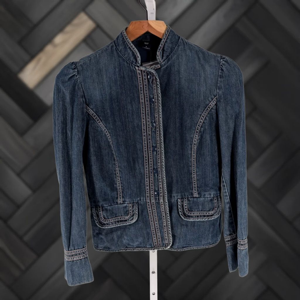 Gap VINTAGE Gap Denim Jacket Military Blazer Pink Stitch Puff Sleeve Y2K 2005 8 Blue Womens Size M / US 6-8 / IT 42-44 - 1 Thumbnail