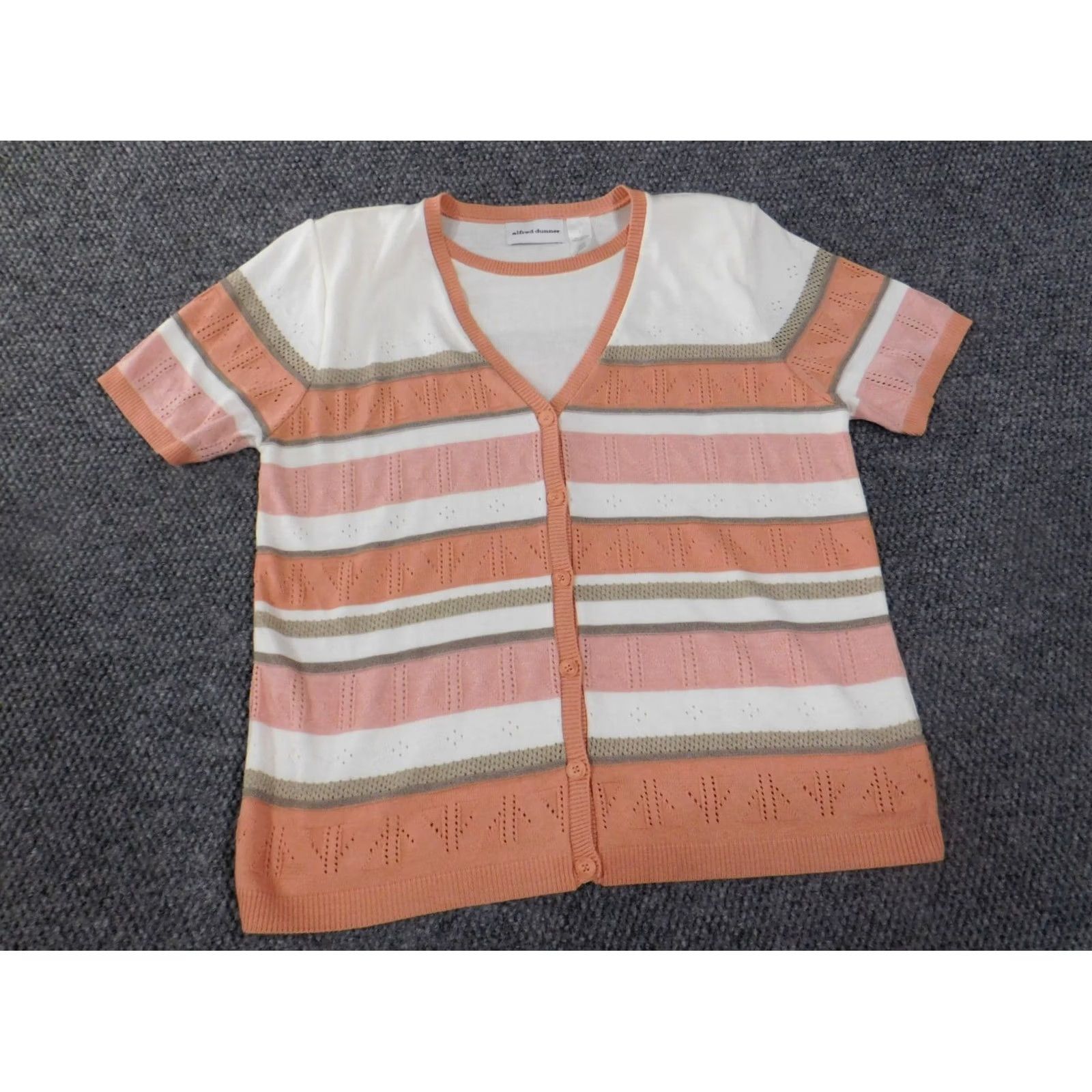 Vintage Alfred Dunner Cardigan Sweater L Orange Raglan Short Sleeve V-Neck Knit Striped Acrylic Shoulder Pads Size L / US 10 / IT 46 - 3 Thumbnail