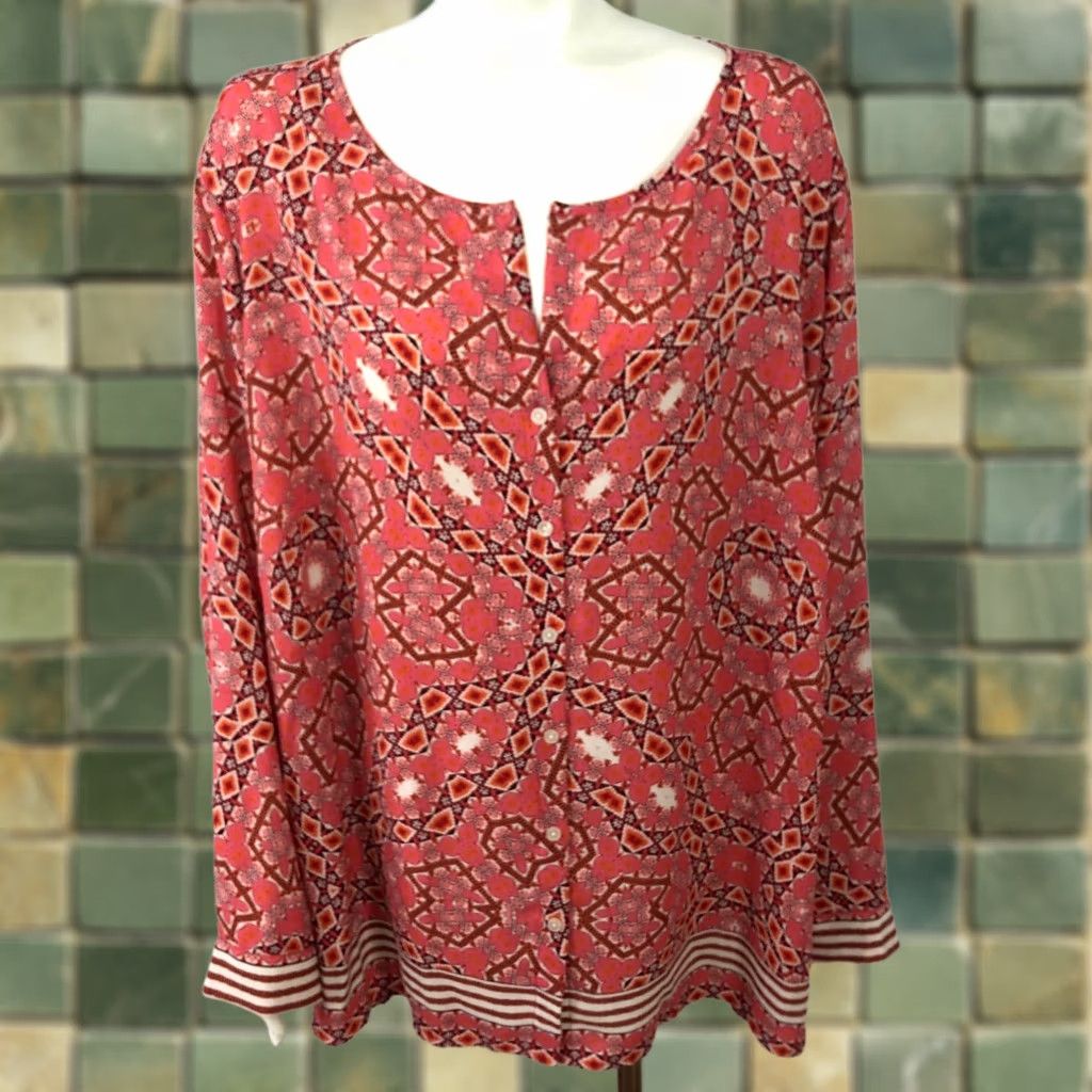 Talbots Talbots Plus 3X All Over Print Polyester Button Long Sleeve Shirt Orange Pink Womens Blouse Geometric Round Neck Casual Size XXL / US 16-18 / IT 52-54 - 1 Thumbnail