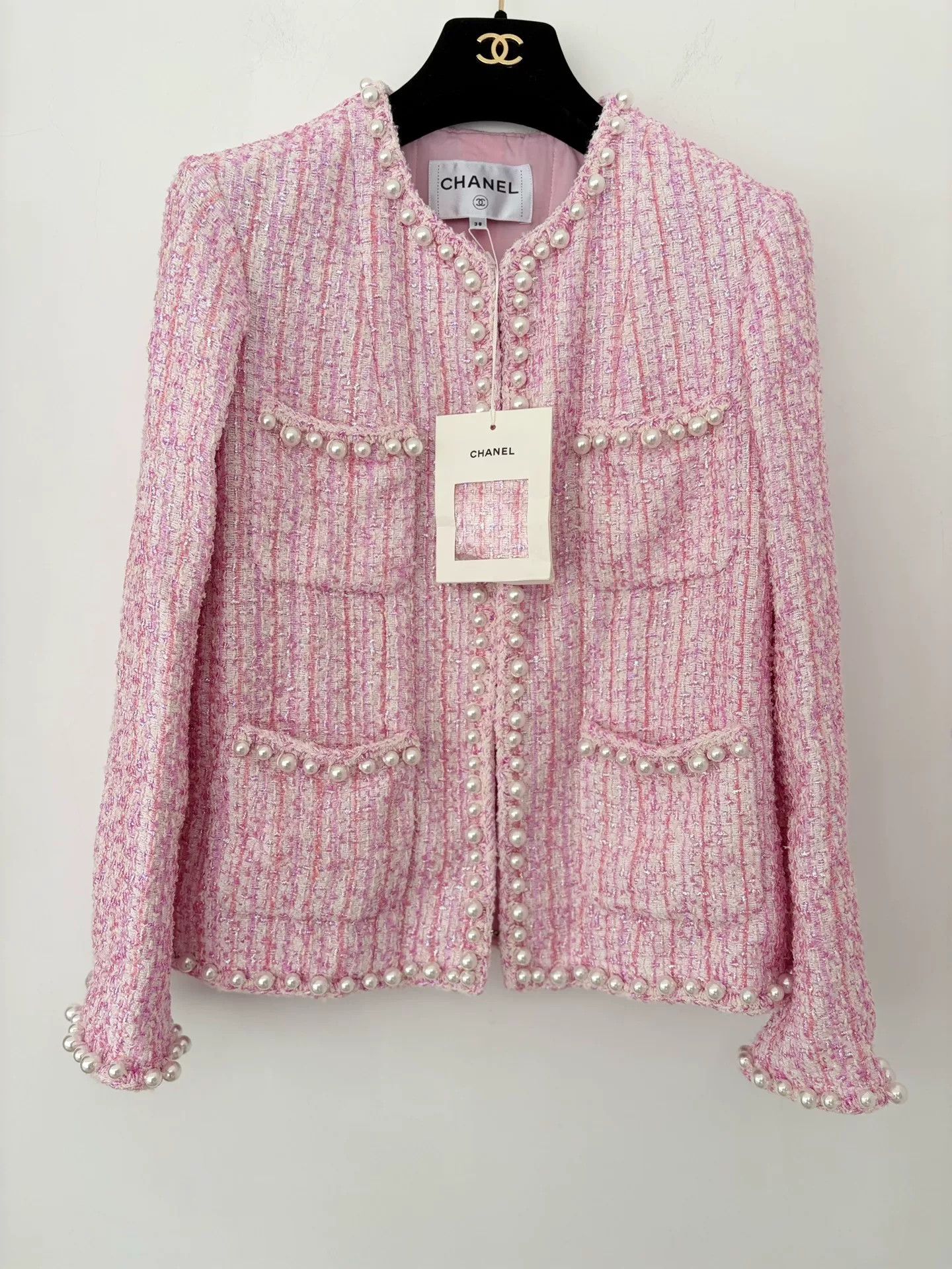 Chanel Chanel Pink Tweed Pearl Trim Jacket Size US M / EU 48-50 / 2 - 1 Thumbnail