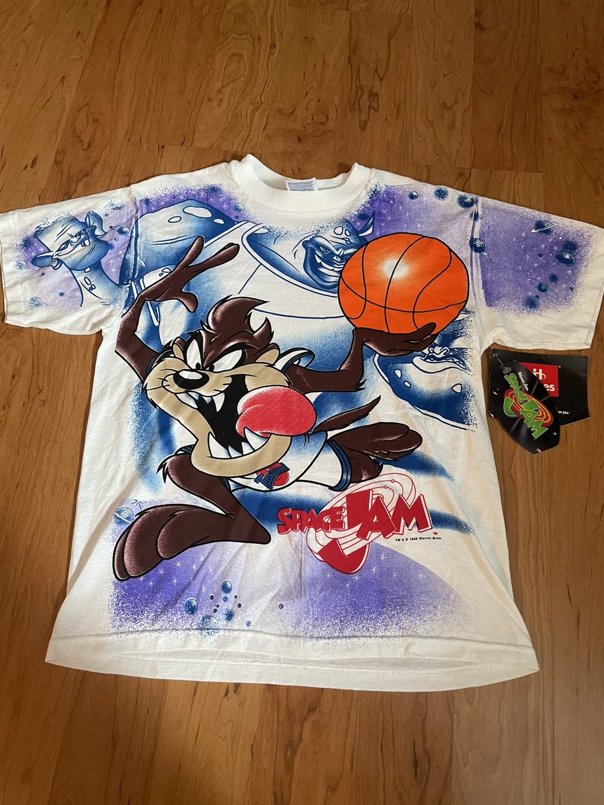 image of Vintage 1990S All Over Print Space Jam Taz Tee in White, Men's (Size Small)