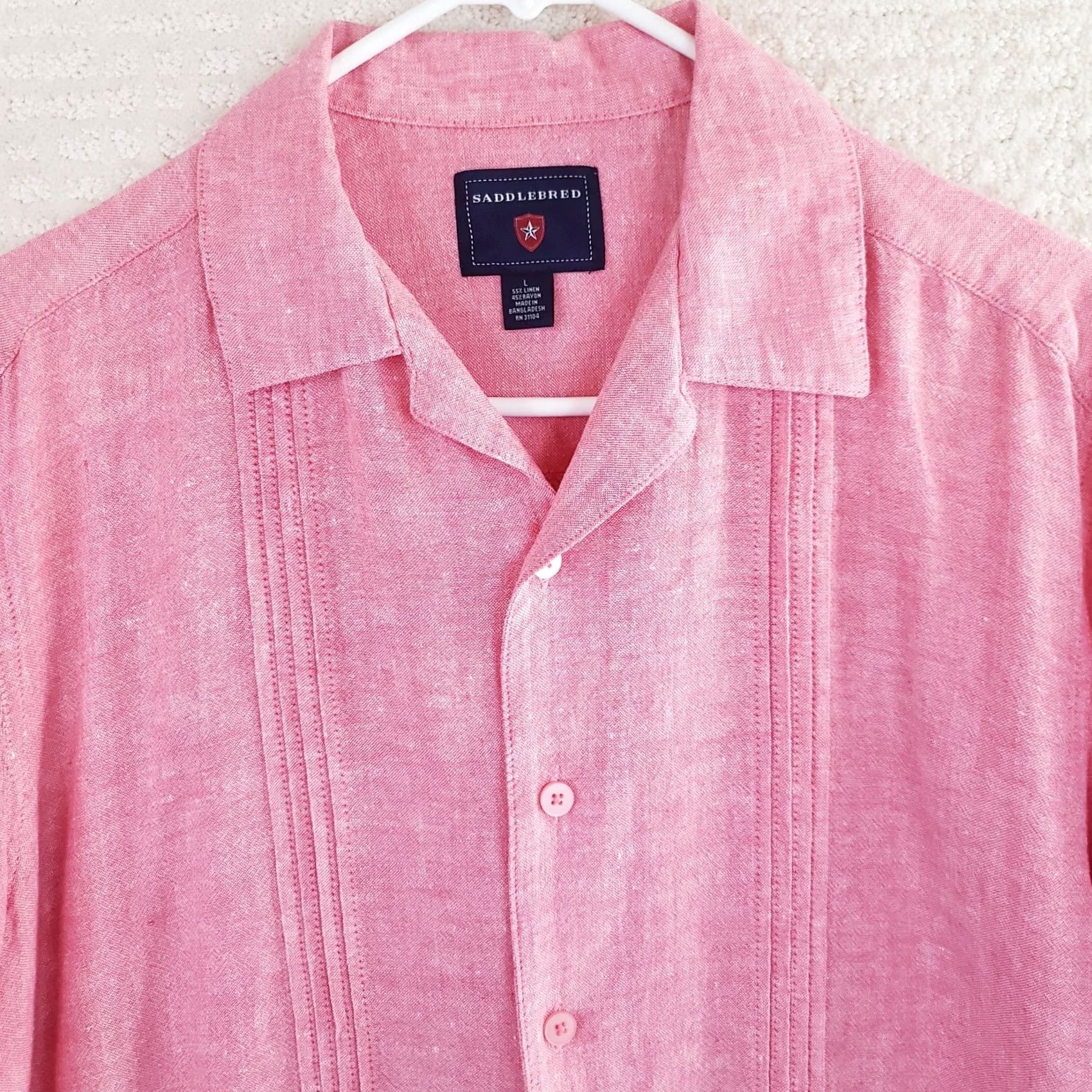 Pinko Saddlebred Shirt Mens L Button Front Classic Fit Linen Cotton Pink Short Sleeve Size US L / EU 52-54 / 3 - 3 Thumbnail