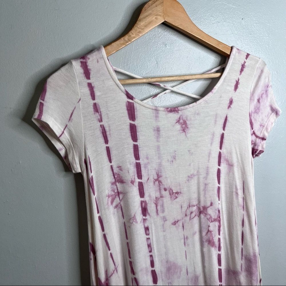 Designer Tie Dye Tunic Dress with Criss Cross Back. Pink White Small Size ONE SIZE - 1 Thumbnail