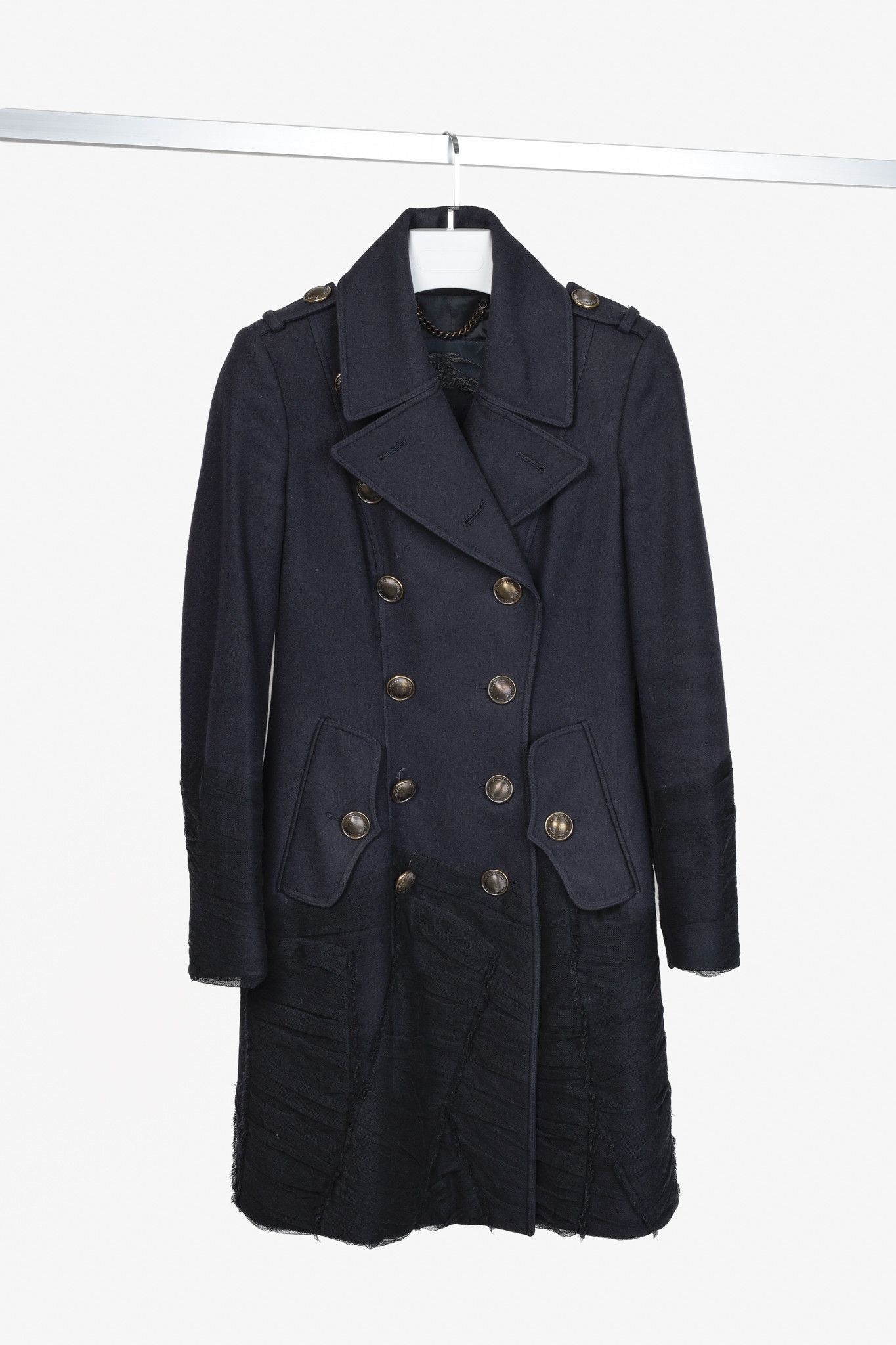 Burberry Prorsum Navy Wool Tulle Trim Pea Coat
