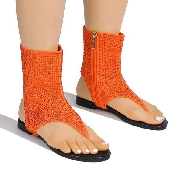 Other Just Doit Rhinestones Flat Bootie Thong Sandals Orange (US S Size US 6.5 / IT 36.5 - 7 Thumbnail