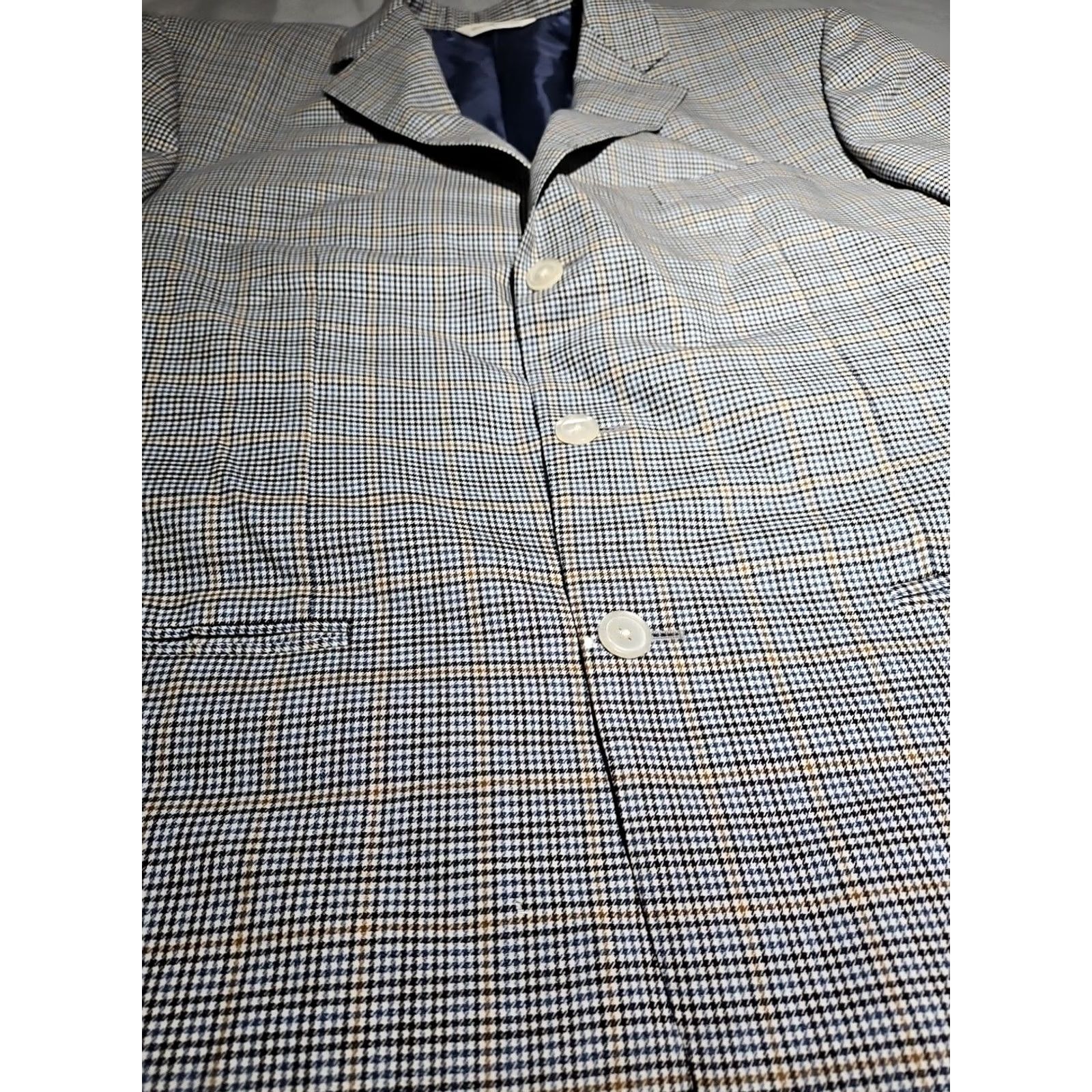 Vintage Samuelsohn Blazer 44 Tan Brown Houndstooth Blue Windowpane Wool Sport Coat Jacket - Three Button Notch Lapel Regular Fit Mens BLAZER Size 44R - 5 Thumbnail