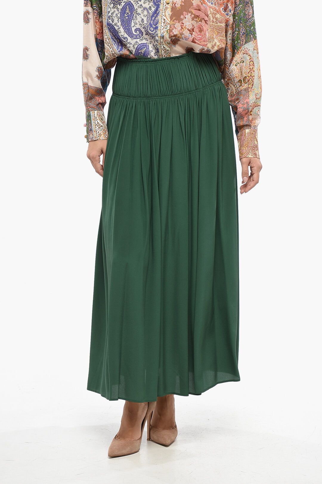 Chloe og1mm1125 Silk Pleated Flared Maxi Skirt in Green Size 27" / US 4 / IT 40 - 1 Thumbnail