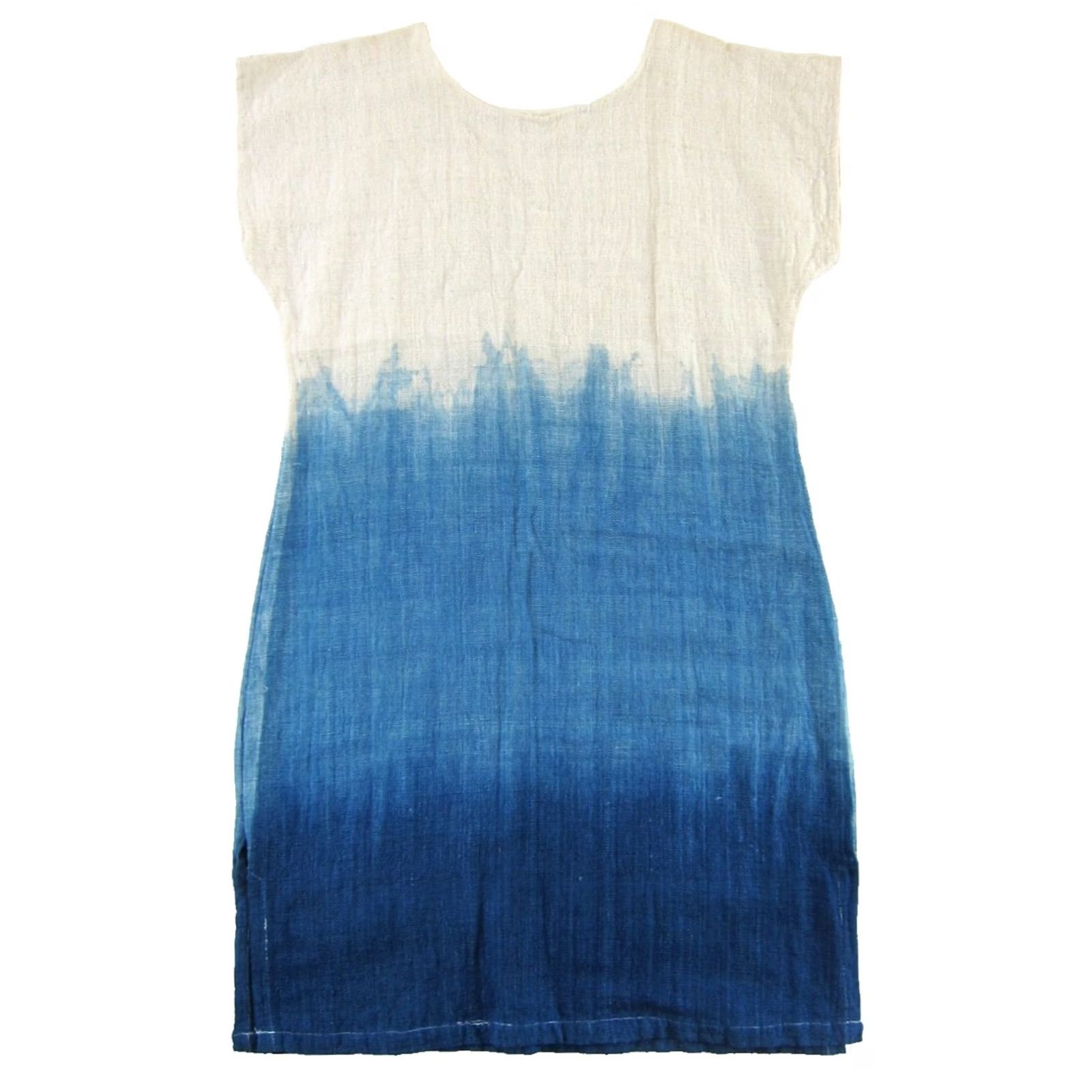 Vintage VINTAGE Woven Raw Cotton Ivory Blue Dyed Short Sleeve Tunic Oversize Dress M Size 32" / US 10 / IT 46 - 2 Thumbnail