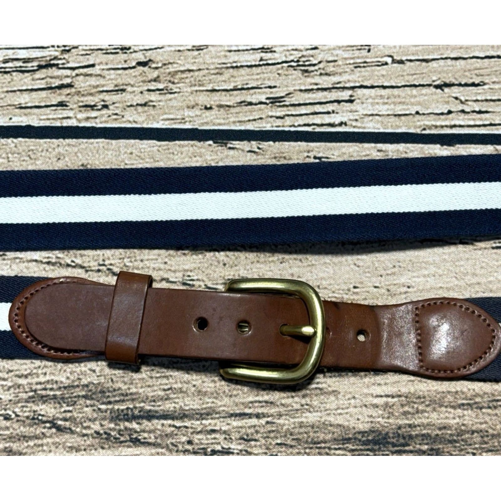 Vintage J Press Belt Mens 42 Brown Canvas Leather Blue White Striped Brass Buckle Adjustable Regular US University Preppy Size 42 - 2 Thumbnail