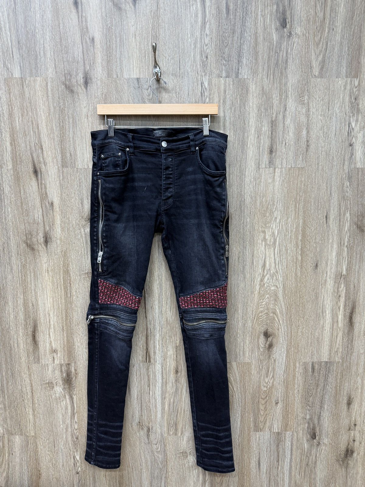 Amiri Amiri MX2 Black Leather Patch Jeans Faded Grey | Grailed