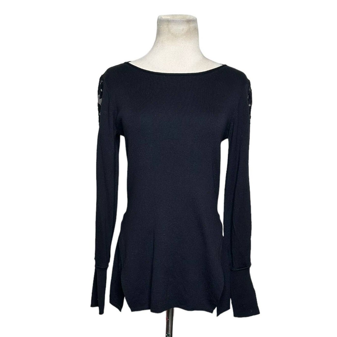 NIC+ZOE Nic+Zoe Black Flash Of Lace Boat Neck Sweater size small Size S / US 4 / IT 40 - 1 Thumbnail