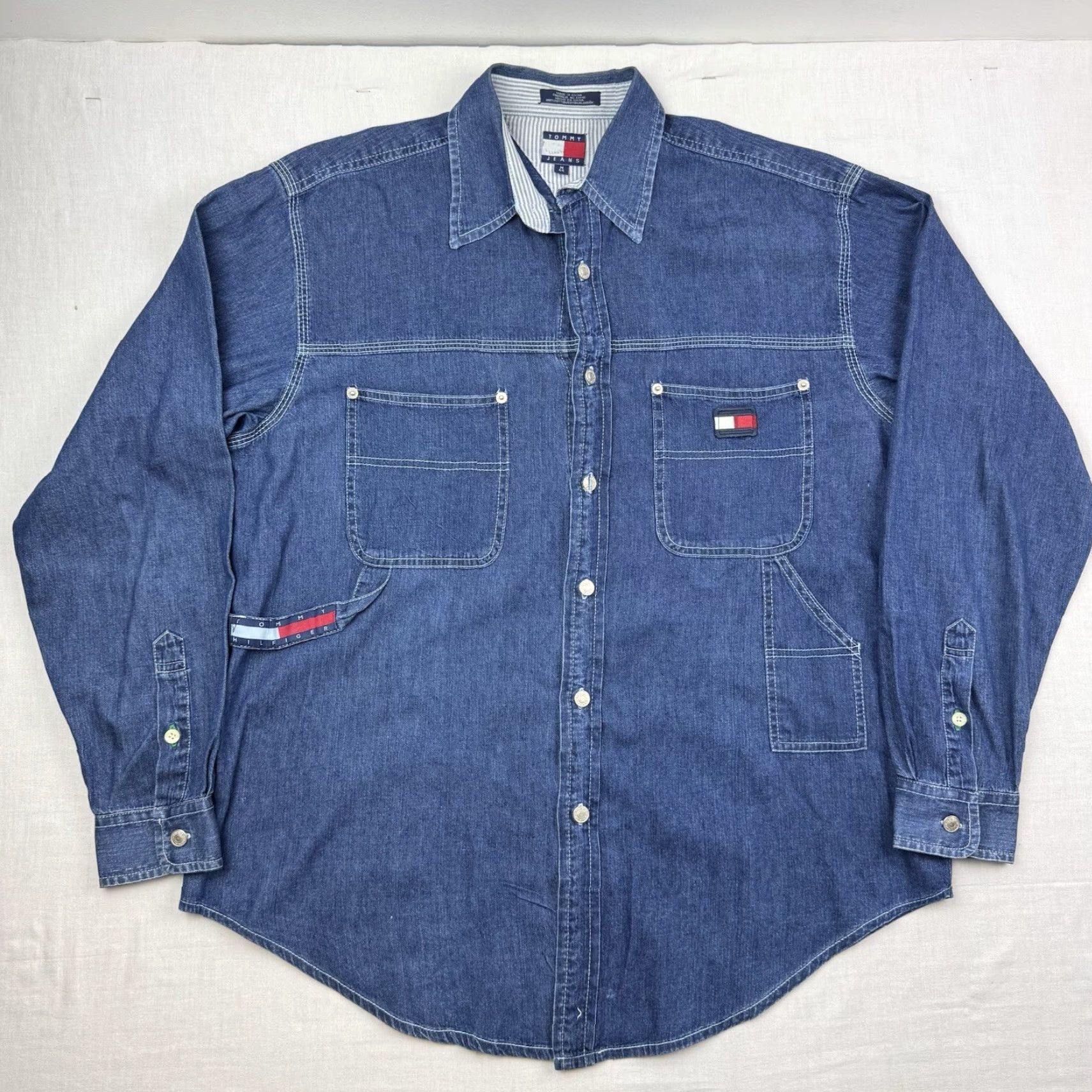 Tommy Hilfiger VINTAGE Tommy Jeans Denim Button Up Shirt Adult Medium Chore Coat Style Hipster Shirt Mens Size US M / EU 48-50 / 2 - 2 Thumbnail