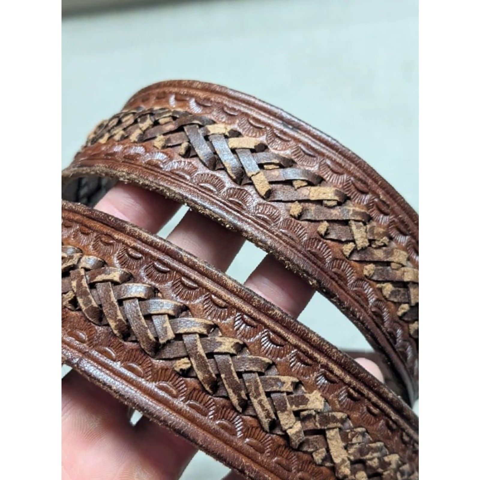 Vintage VINTAGE Western Belt Handcrafted Tooled Braided Brown Cowhide Leather 38 Belt Mens 1-1/2" Width 1980's Buckle Size 38 - 2 Thumbnail