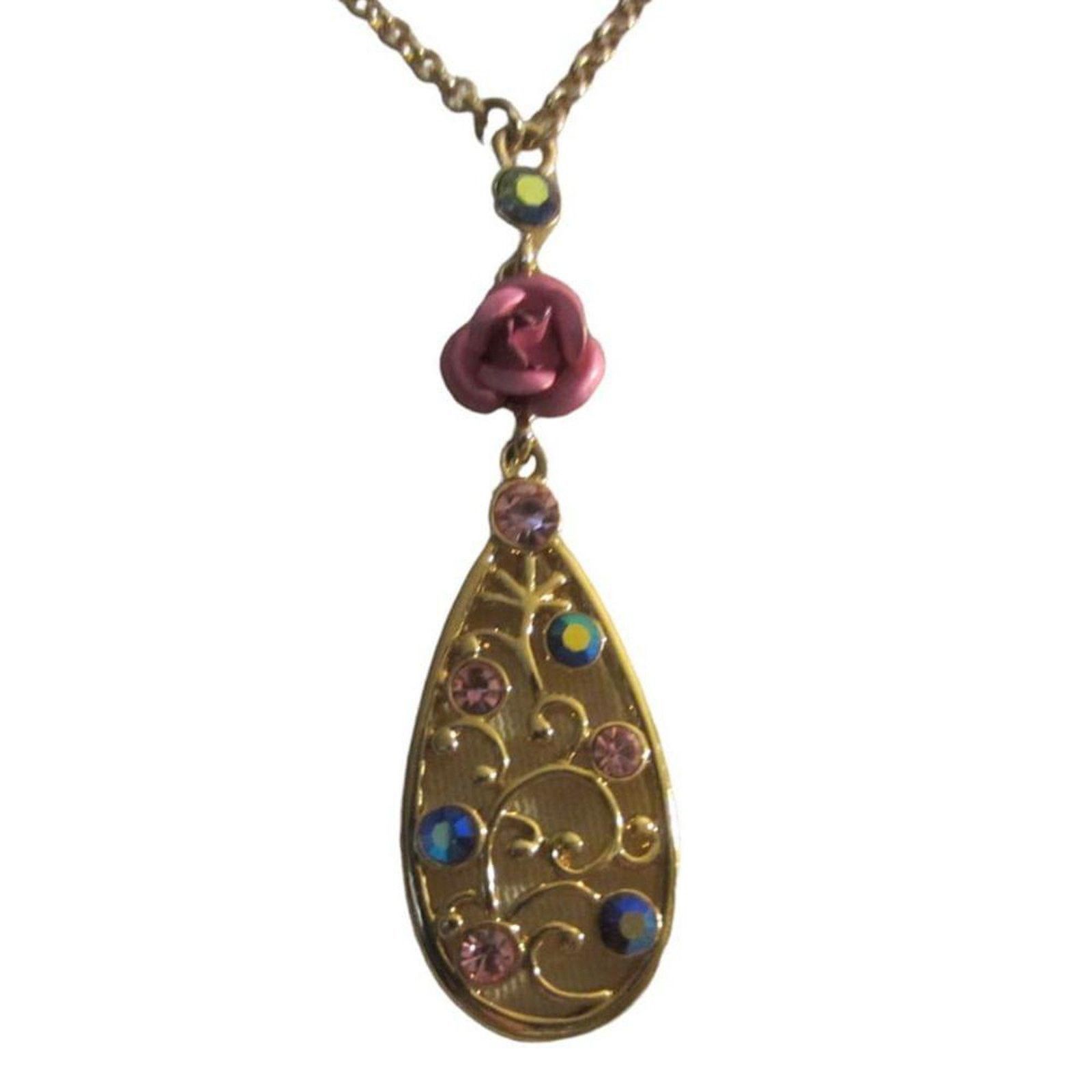 Vintage Gold Floral Teardrop Pendant Necklace Pink Rose Rhinestone Size ONE SIZE - 4 Thumbnail