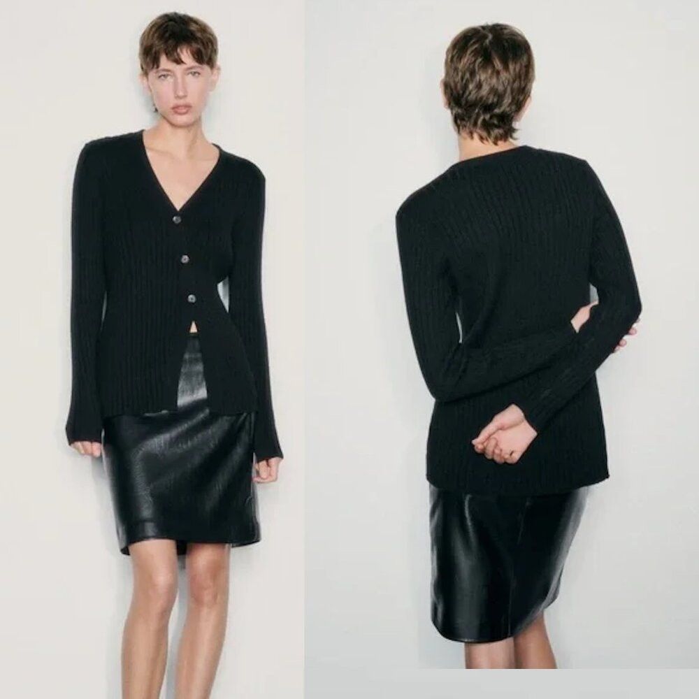Zara NWT New Zara Wool Blend Knit Diagonal Closure Black Cardiga Size L / US 10 / IT 46 - 1 Thumbnail