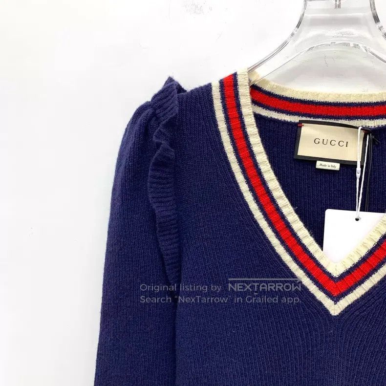 Gucci Gucci Dark blue striped wool V-neck long-sleeved knitwear Size M / US 6-8 / IT 42-44 - 3 Thumbnail