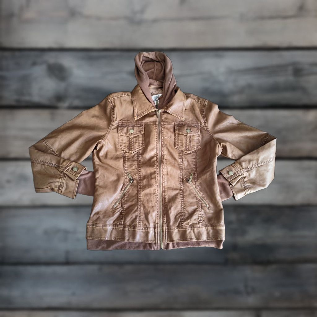 Vintage Made By Johnny Carmel Jacket Med Womens Brown Faux Leather Two Layers EUC Size M / US 6-8 / IT 42-44 - 1 Thumbnail