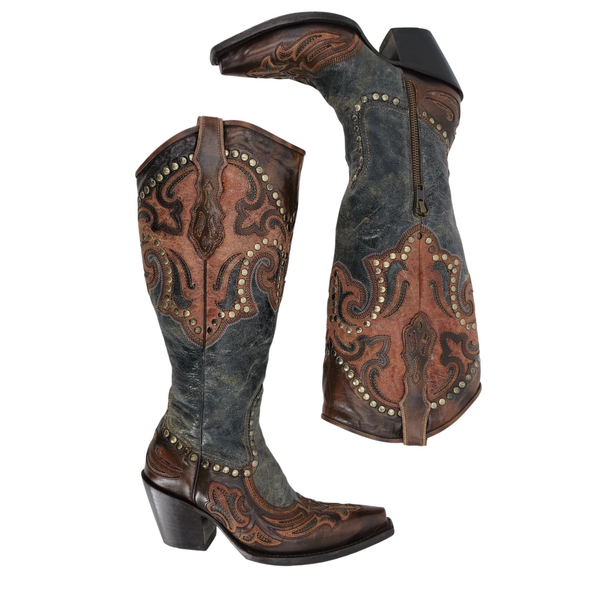 Corral Corral Cowgirl Women 6 Tall Brown Gray Studded Leather Boots Size US 6 / IT 36 - 5 Thumbnail