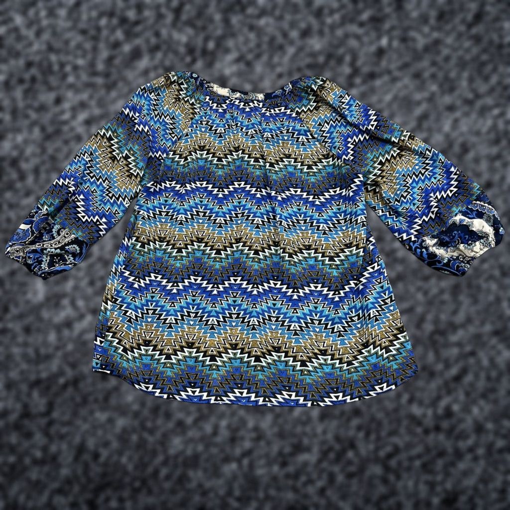 Vintage Olive Hill Blouse Womens M Blue Paisley Chevron V-Neck 3/4 Sleeve Tunic Top Size M / US 6-8 / IT 42-44 - 1 Thumbnail
