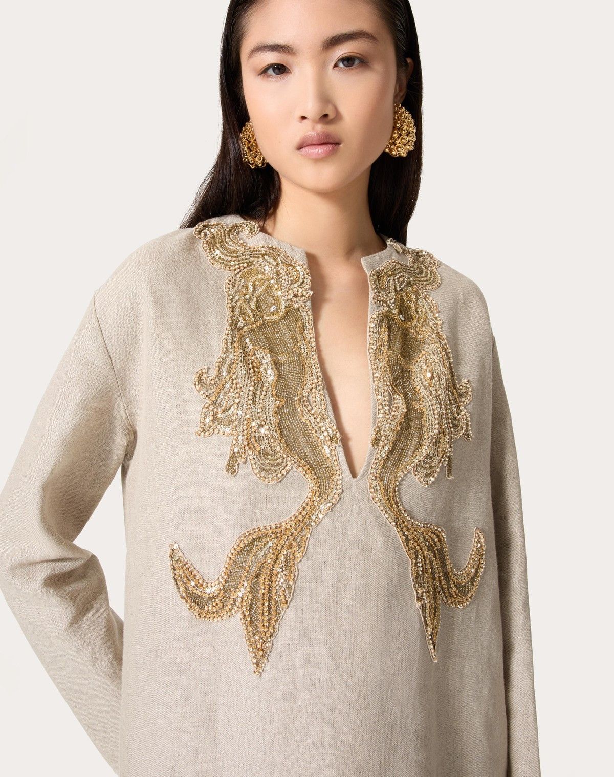 Valentino o1s1wg110525 Embroidered Linen Canvas Midi Dress in Beige Size M / US 6-8 / IT 42-44 - 6 Thumbnail