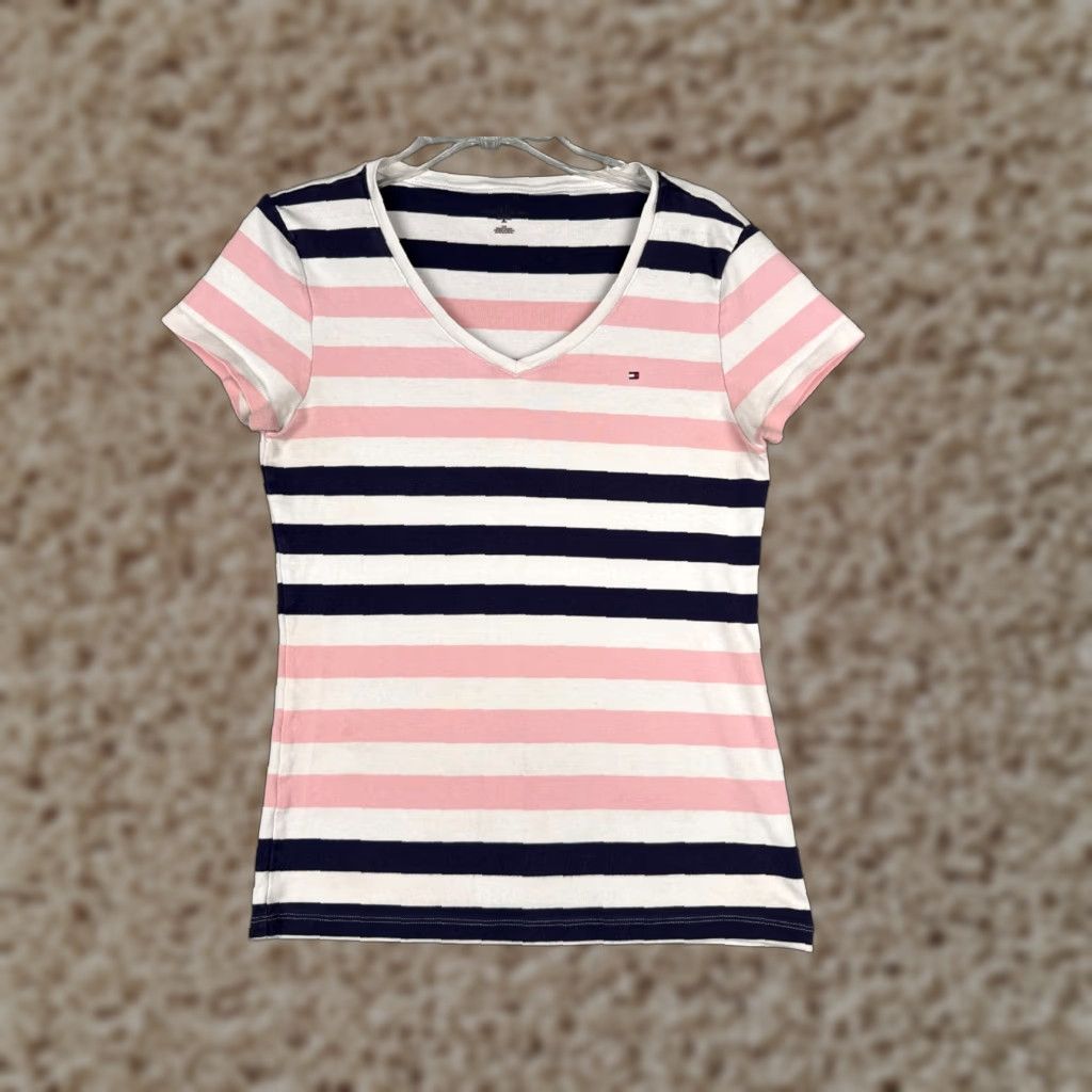 Tommy Hilfiger Tommy Hilfiger Shirt Women Large Pink Blue Striped V-Neck Cotton Designer Classic Size L / US 10 / IT 46 - 1 Thumbnail