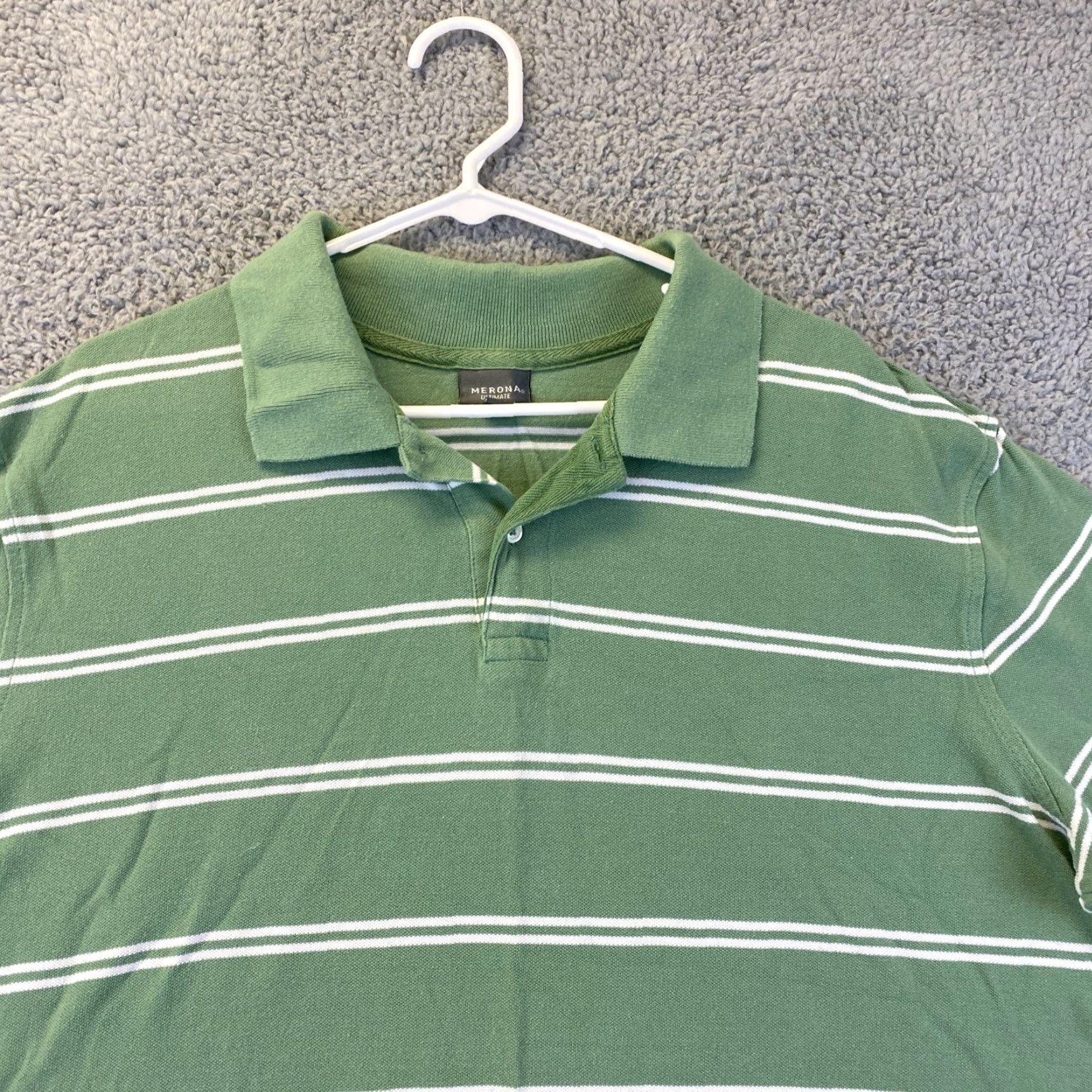 Merona Merona Men Polo Shirt Striped Short Sleeve Green XL 43-16 Casual Golf Knit 60/40 Cotton Polyester Size US XL / EU 56 / 4 - 2 Thumbnail