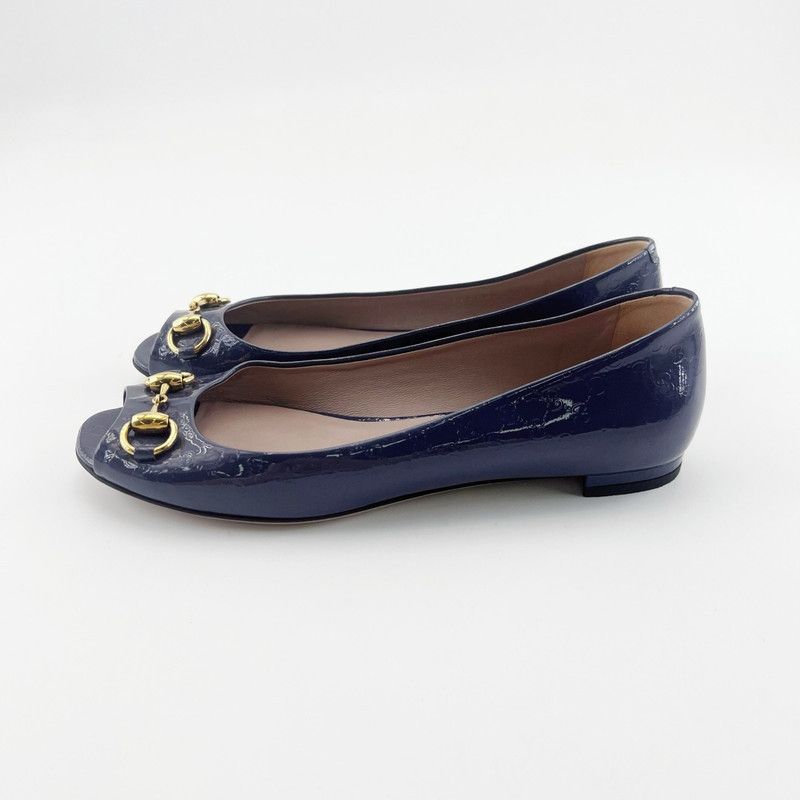 Gucci Gucci Blue Peep-Toe Patent Flats with Gold Buckle 0079 Size US 6.5 / IT 36.5 - 1 Thumbnail