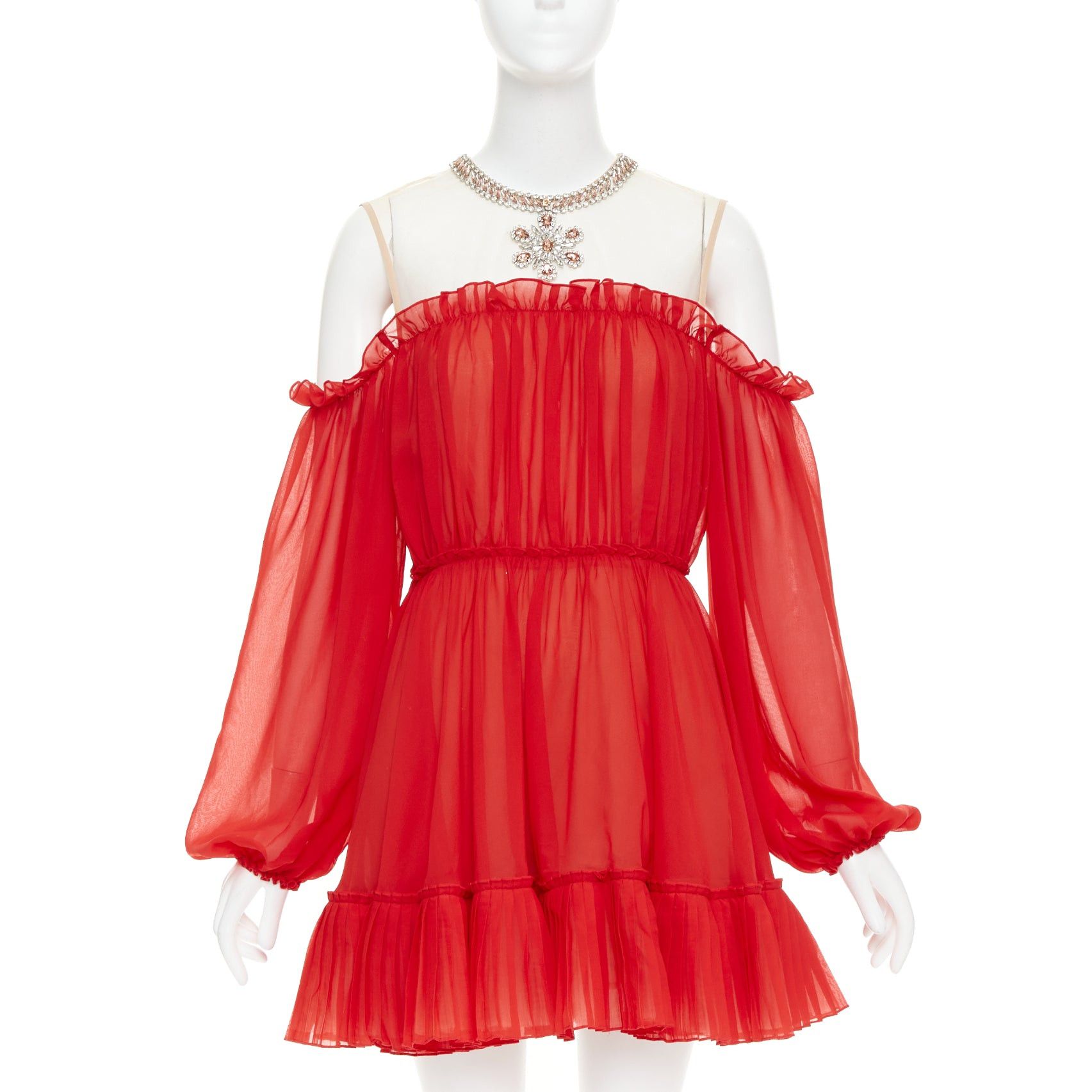 Giambattista Valli GIAMBATTISTA VALLI H&M 2019 Runway red cold shoulder chiffon crystal necklace mini dress IT40 XS Size S / US 4 / IT 40 - 1 Thumbnail