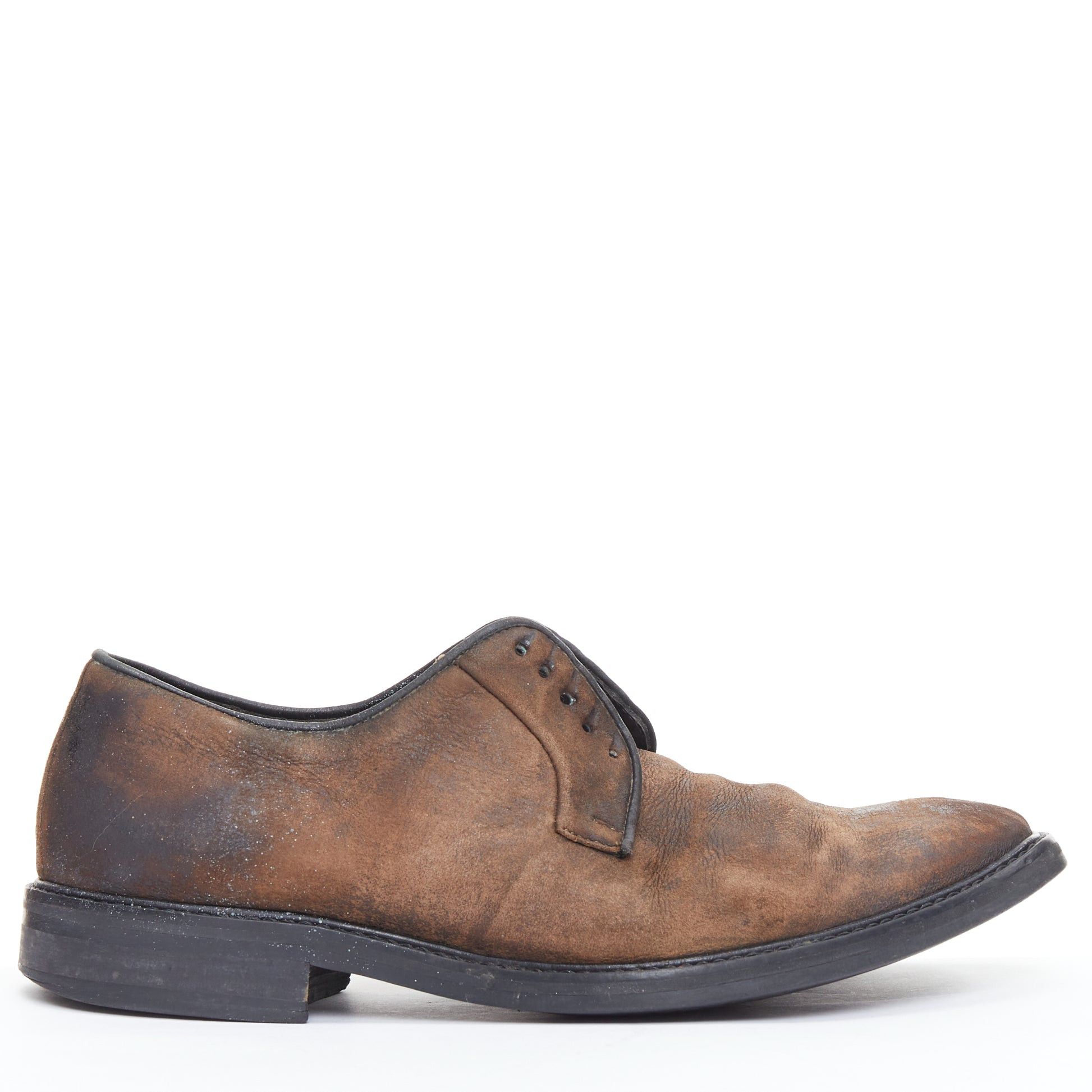 LANVIN brown distressed brushed leather slip on laceless brogues