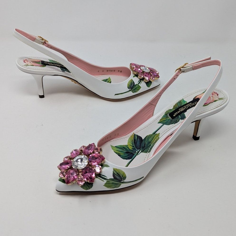 Dolce & Gabbana Dolce & Gabbana Jeweled Bellucci Floral Heels White Pink Size US 5 / IT 35 - 21 Thumbnail